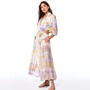 NWT YFB yellow gold and purple tie dye collared cutout wrap front tie sun dress